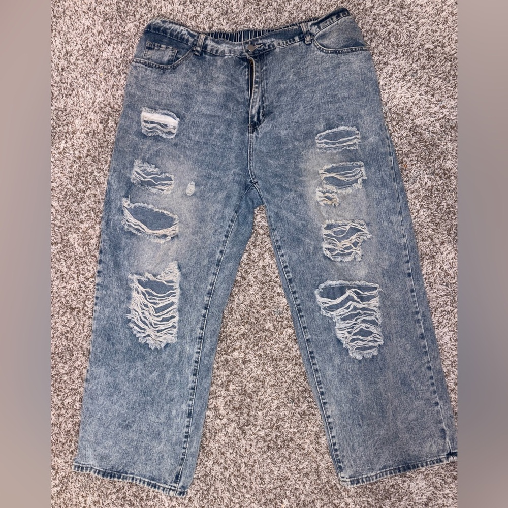 Shein Curve Distressed Wide Leg Jeans 3X High Waist Ripped Denim
